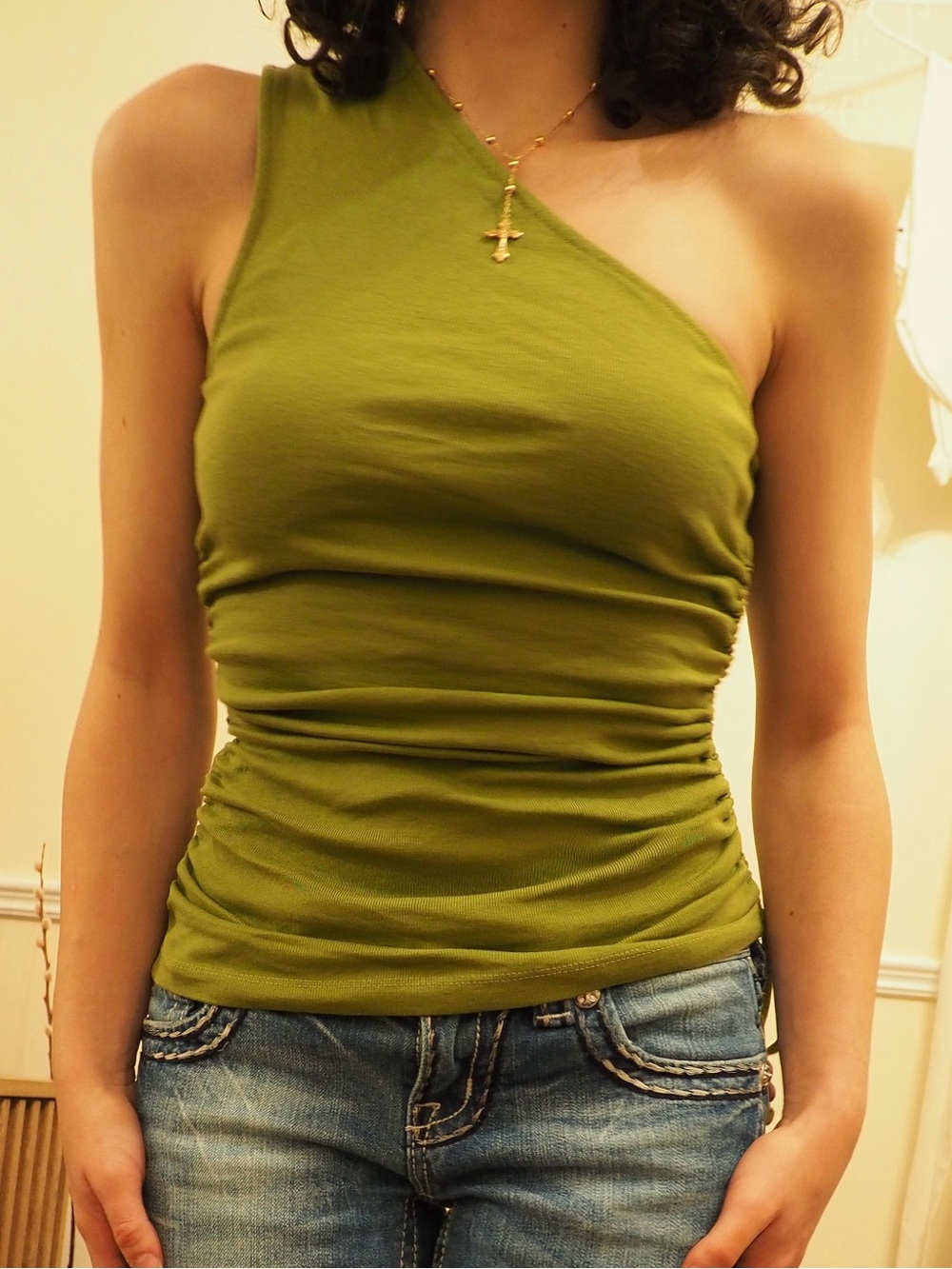 One-Shoulder Olive Green Ruched Tank Top With Wooden Beaded Strings